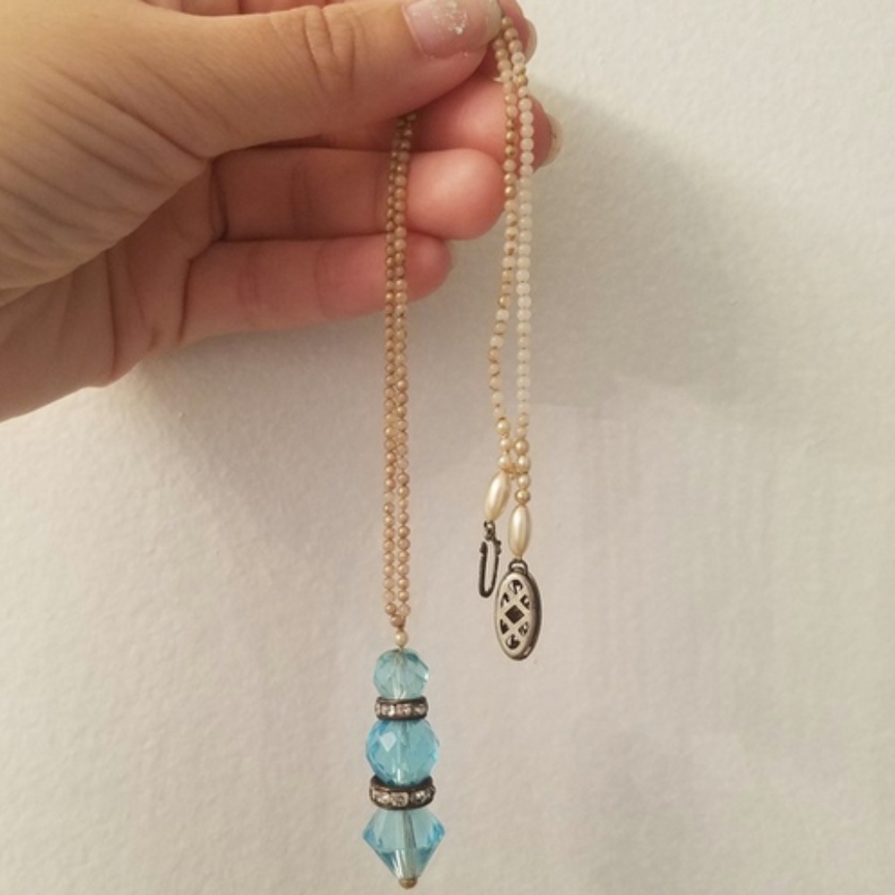Vintage Art Deco Style Faux Seed Pearl & Crystal Pendant Necklace